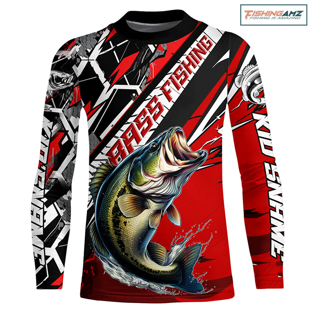 Black And Red Bass Long Sleeve Tournament Fishing Shirts, Custom Bass Fishing Jerseys IPHW6203
