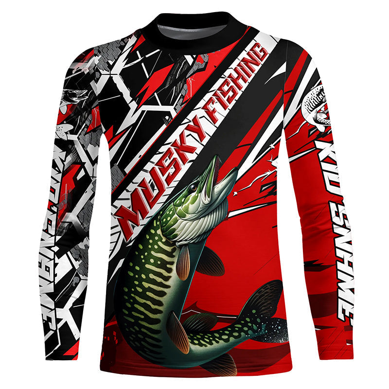 Black And Red Musky Long Sleeve Tournament Fishing Shirts, Custom Muskie Fishing Jerseys IPHW6204