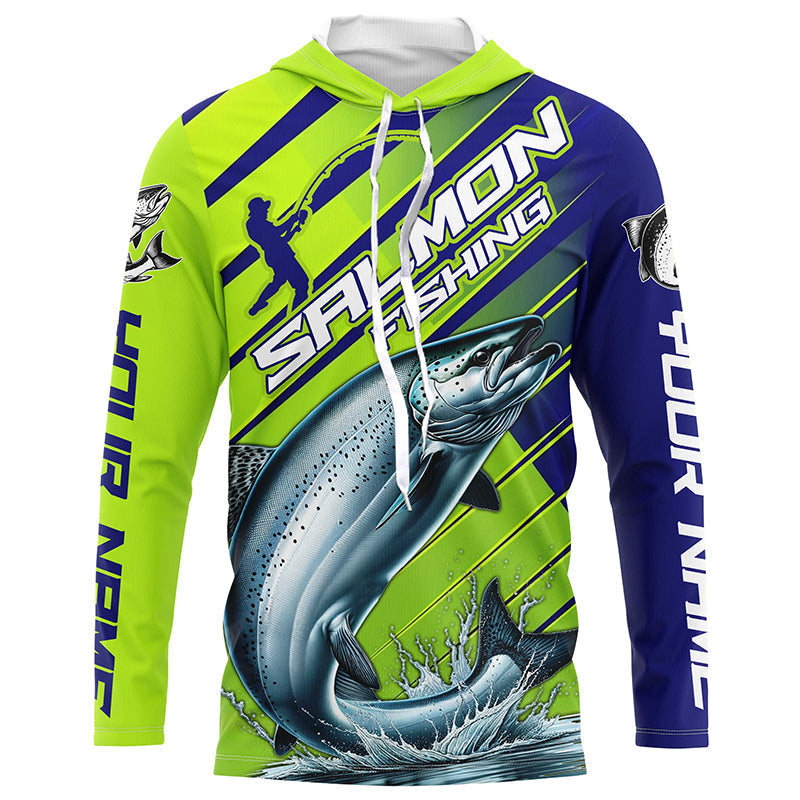 Chinook Salmon Custom Long Sleeve Fishing Shirts, Salmon Fisherman Fishing Jerseys | Green And Blue IPHW6209