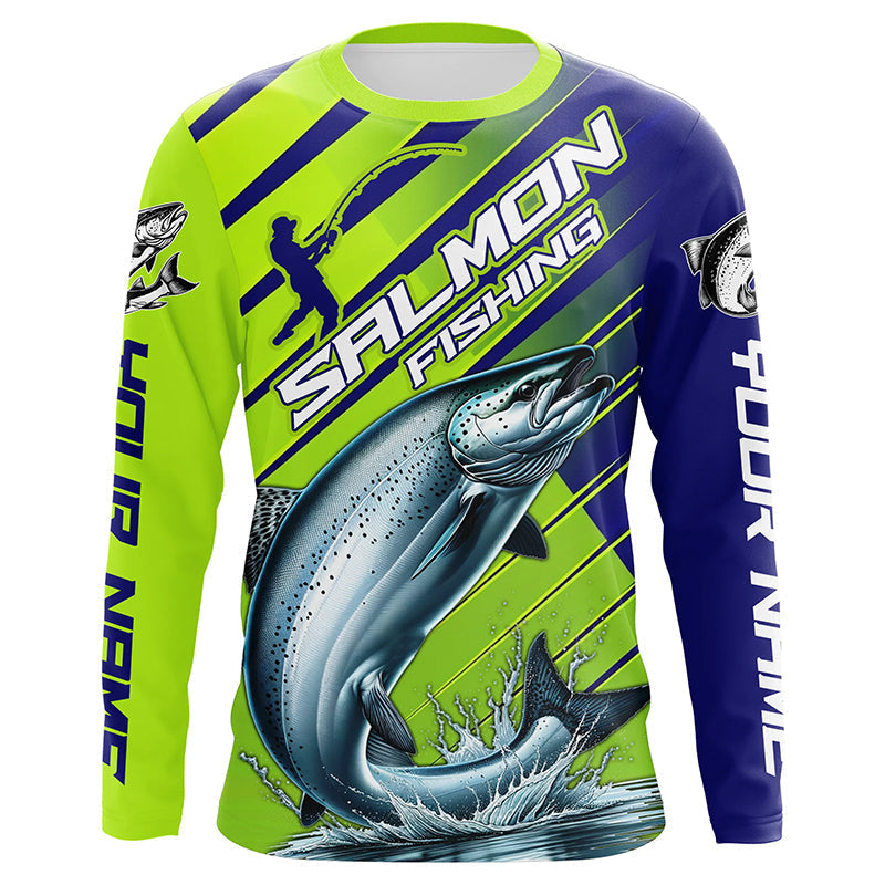 Chinook Salmon Custom Long Sleeve Fishing Shirts, Salmon Fisherman Fishing Jerseys | Green And Blue IPHW6209