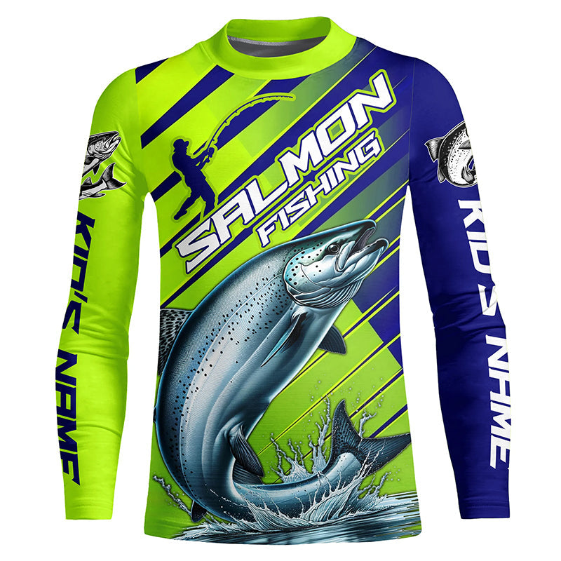 Chinook Salmon Custom Long Sleeve Fishing Shirts, Salmon Fisherman Fishing Jerseys | Green And Blue IPHW6209