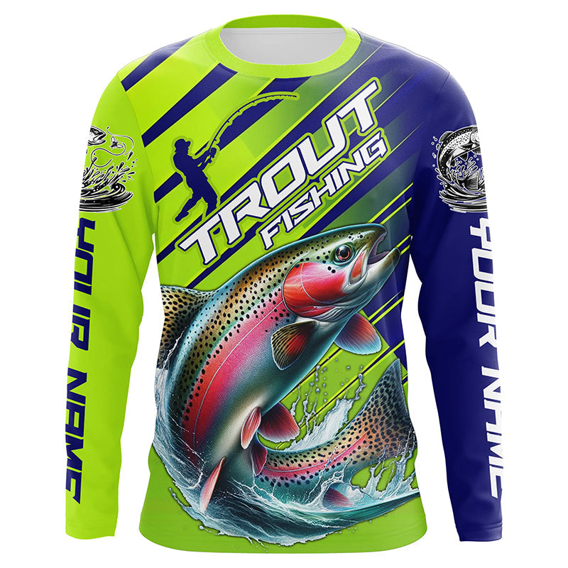 Rainbow Trout Custom Long Sleeve Fishing Shirts, Trout Fly Fishing Jerseys | Green And Blue IPHW6210