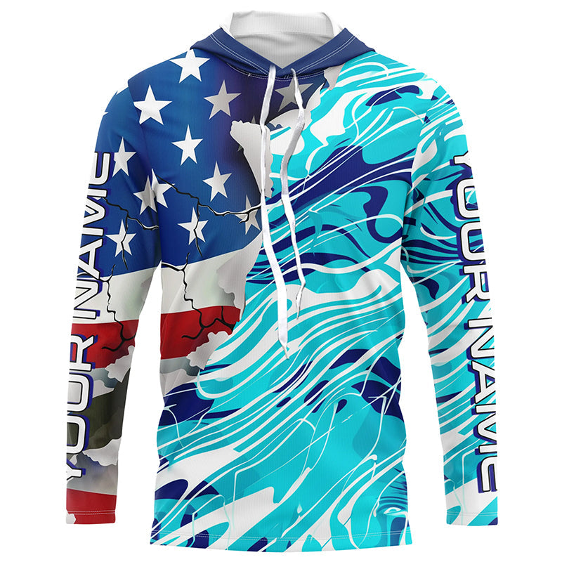 Custom American Flag Blue Camo Long Sleeve Shirts, Patriotic Performance Fishing Shirts IPHW6534