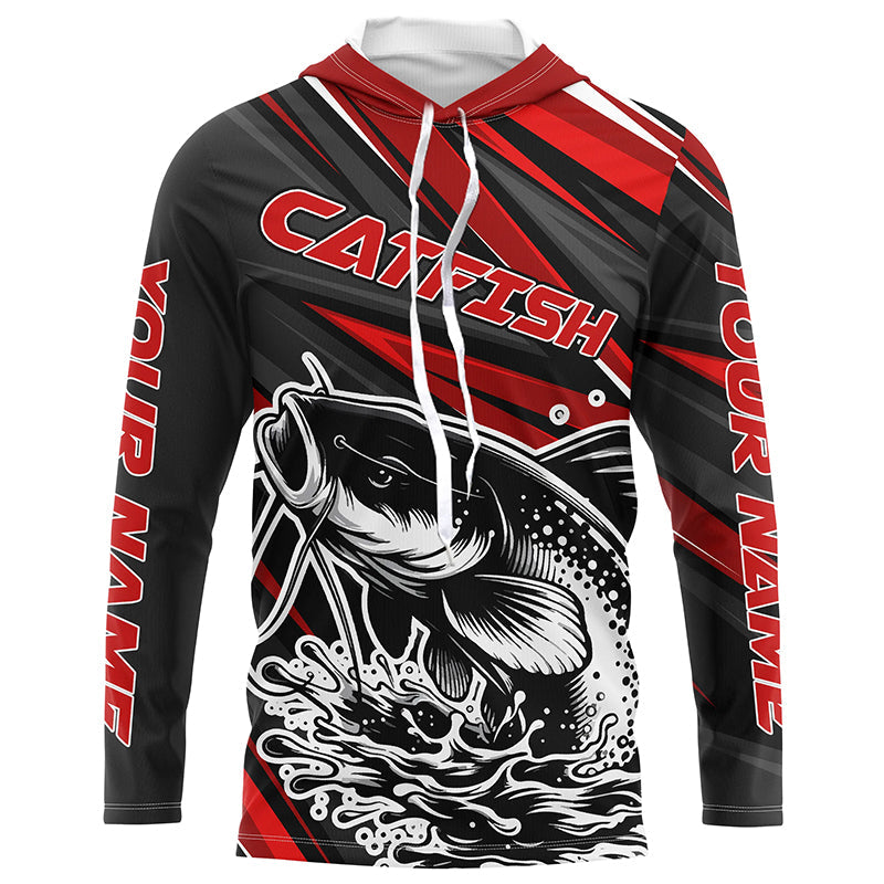 Black And Red Catfish Fishing Jerseys, Custom Catfish Fishing Long Sleeve Fishing Shirts IPHW7021