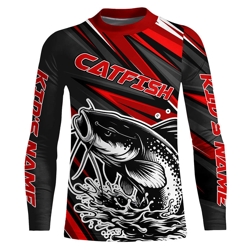 Black And Red Catfish Fishing Jerseys, Custom Catfish Fishing Long Sleeve Fishing Shirts IPHW7021