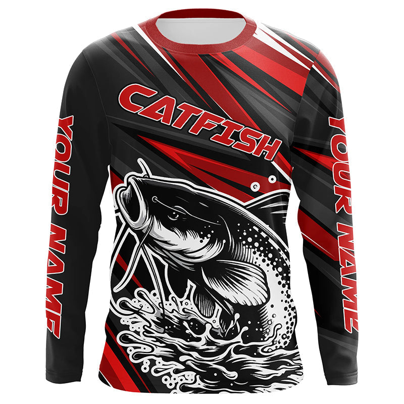 Black And Red Catfish Fishing Jerseys, Custom Catfish Fishing Long Sleeve Fishing Shirts IPHW7021