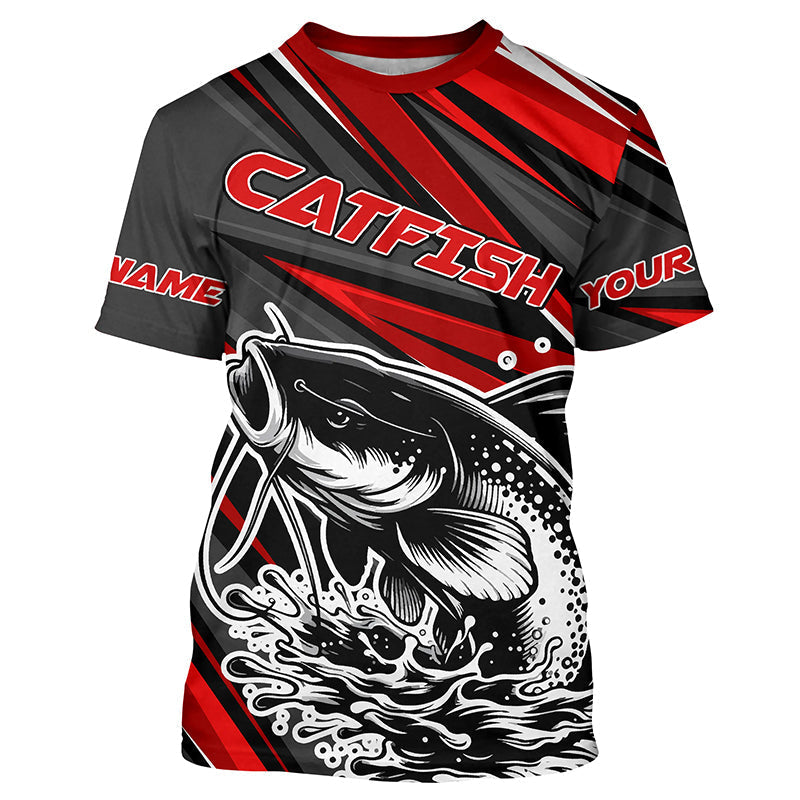 Black And Red Catfish Fishing Jerseys, Custom Catfish Fishing Long Sleeve Fishing Shirts IPHW7021