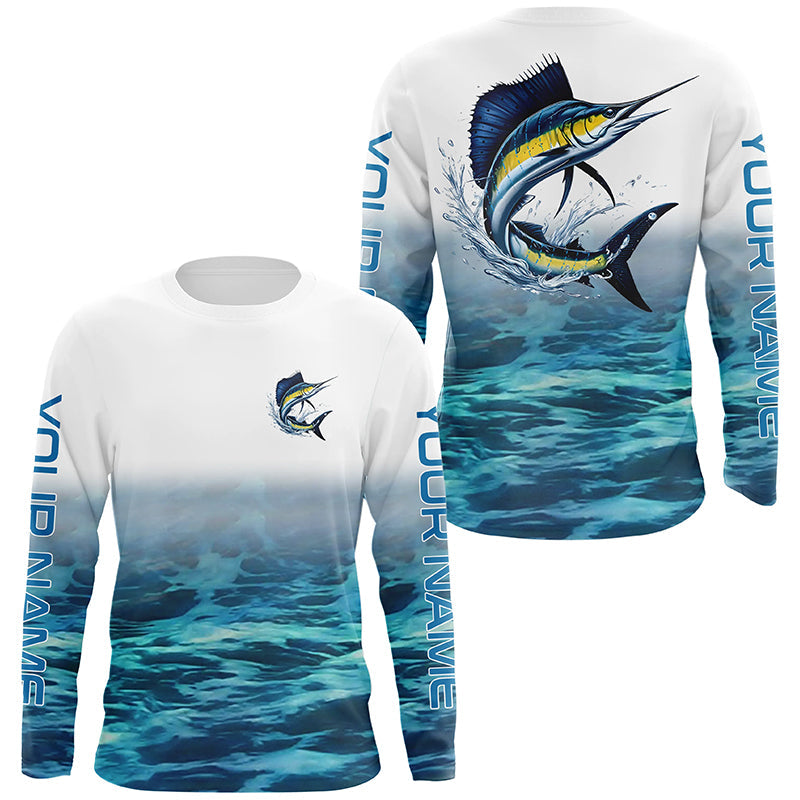 Blue Ocean Background Custom Sailfish Fishing Long Sleeve Shirts, Sailfish Saltwater Fishing Shirt IPHW7025