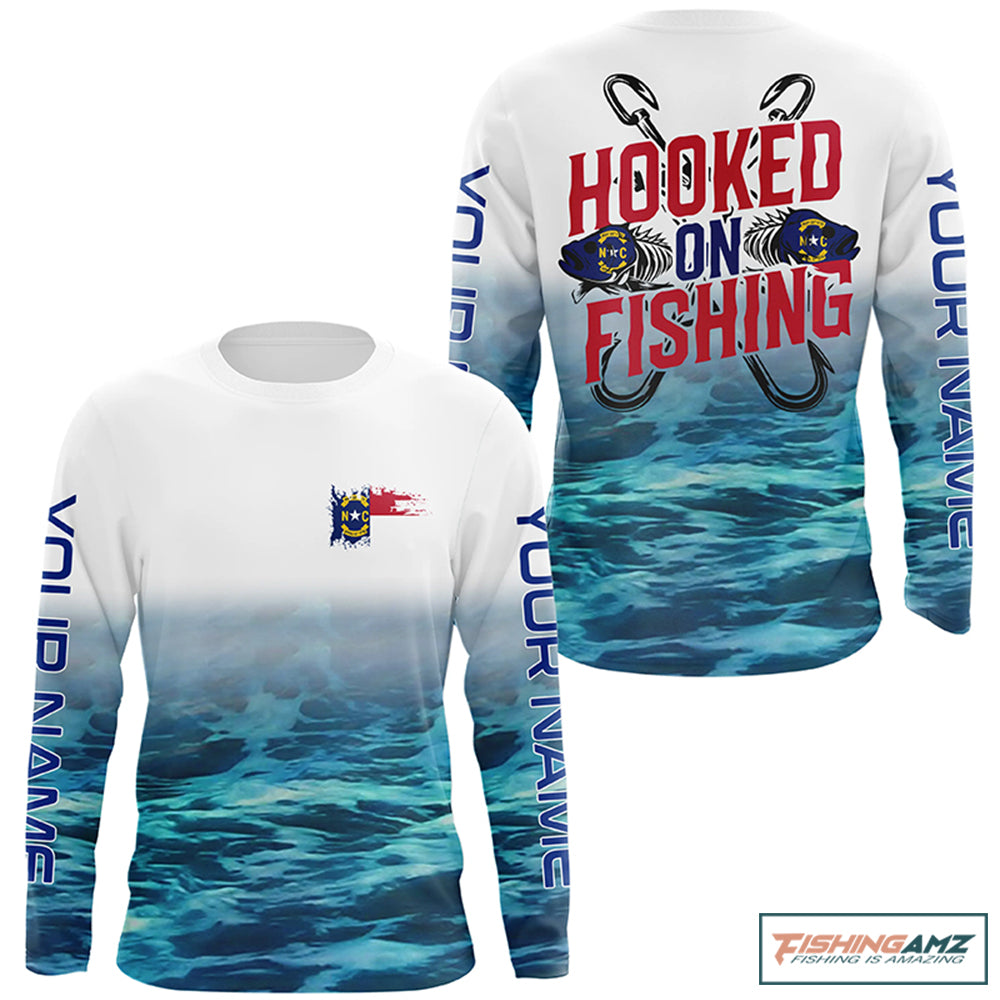 Personalized North Carolina Flag Long Sleeve Fishing Shirts, Hooked On Fishing Nc Fishing Shirt IPHW7033