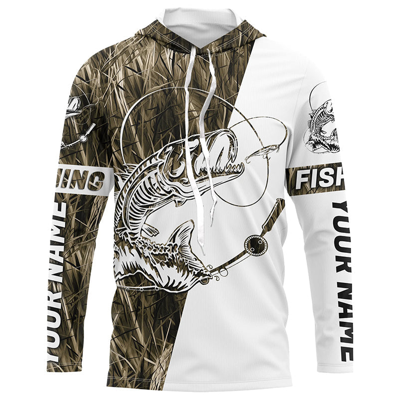 Grass Lake Camo Custom Fish Skull Long Sleeve Fishing Shirts, Fish Skeleton Fishing Jerseys IPHW7035