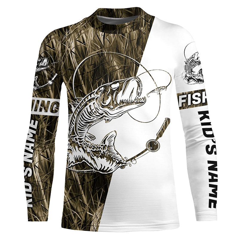 Grass Lake Camo Custom Fish Skull Long Sleeve Fishing Shirts, Fish Skeleton Fishing Jerseys IPHW7035