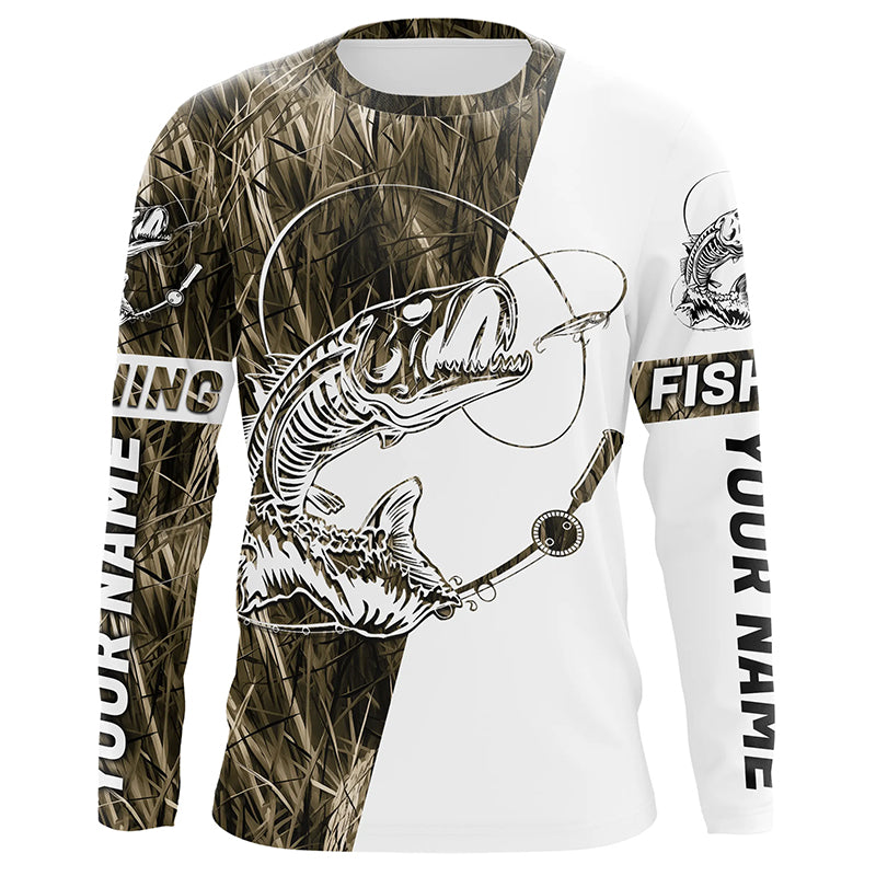 Grass Lake Camo Custom Fish Skull Long Sleeve Fishing Shirts, Fish Skeleton Fishing Jerseys IPHW7035