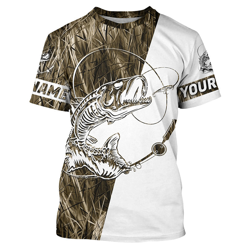 Grass Lake Camo Custom Fish Skull Long Sleeve Fishing Shirts, Fish Skeleton Fishing Jerseys IPHW7035