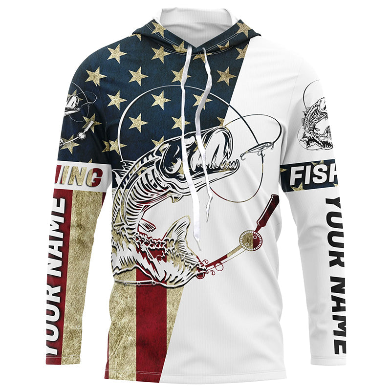 Personalized American Flag Fish Skull Fishing Shirts, Patriotic Long Sleeve Fishing Shirts IPHW7036