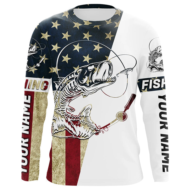 Personalized American Flag Fish Skull Fishing Shirts, Patriotic Long Sleeve Fishing Shirts IPHW7036