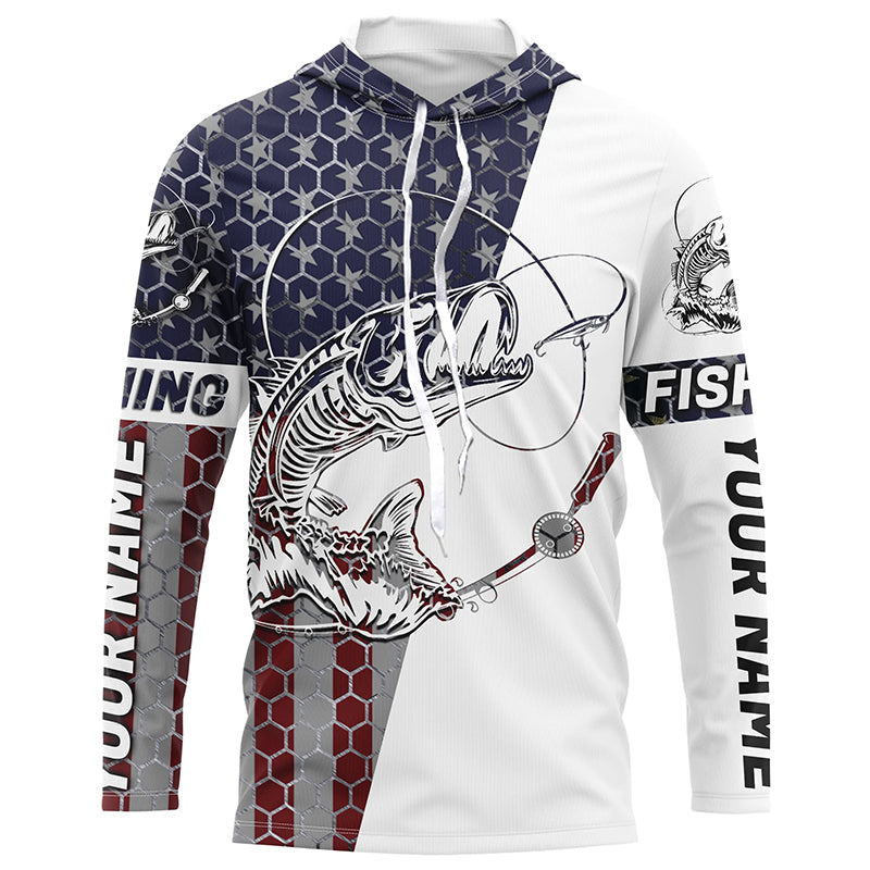 Personalized American Flag Fish Skull Fishing Shirts, Patriotic Long Sleeve Fishing Shirts IPHW7037