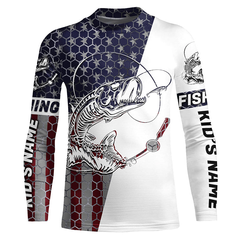 Personalized American Flag Fish Skull Fishing Shirts, Patriotic Long Sleeve Fishing Shirts IPHW7037