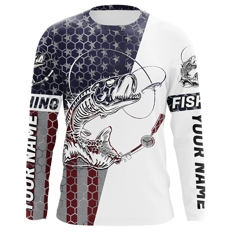 Personalized American Flag Fish Skull Fishing Shirts, Patriotic Long Sleeve Fishing Shirts IPHW7037