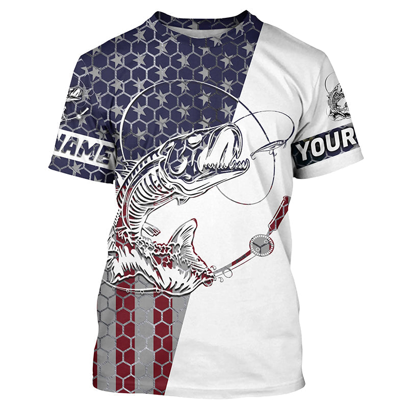 Personalized American Flag Fish Skull Fishing Shirts, Patriotic Long Sleeve Fishing Shirts IPHW7037