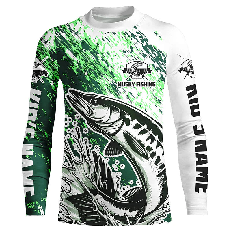 Custom Musky Fishing Jerseys, Muskie Kid Long Sleeve Performance Fishing Shirts For Adult And Kid |Green IPHW5815