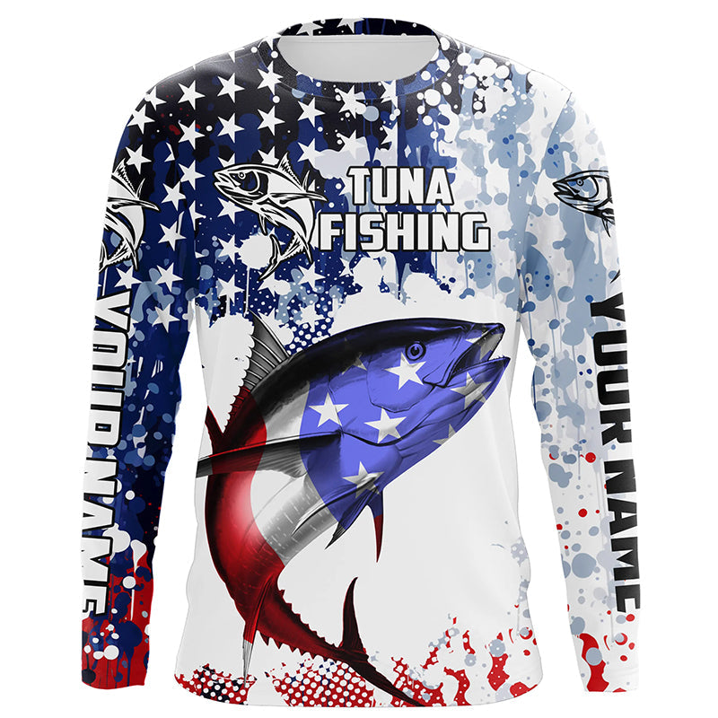 American Flag Tuna Custom Long Sleeve Tournament Fishing Shirts, Patriotic Fishing Jerseys IPHW5646