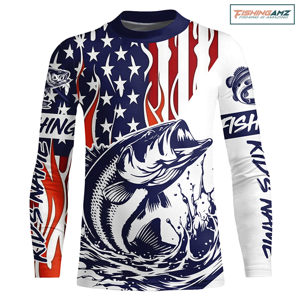 Flame American Flag Custom Bass Long Sleeve Tournament Fishing Shirts, Patriotic Bass Fishing Jersey IPHW5942