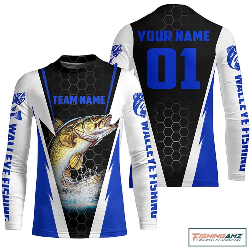 Walleye Fishing Long Sleeve Tournament Shirts For Fishing Team With Custom Name And Number | Blue IPHW6237