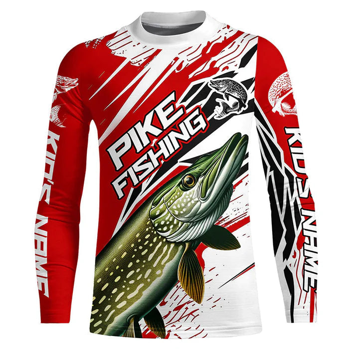 Northern Pike Fishing Custom Kid Long Sleeve Tournament Shirts, Pike Fishing Jerseys | Red IPHW6242