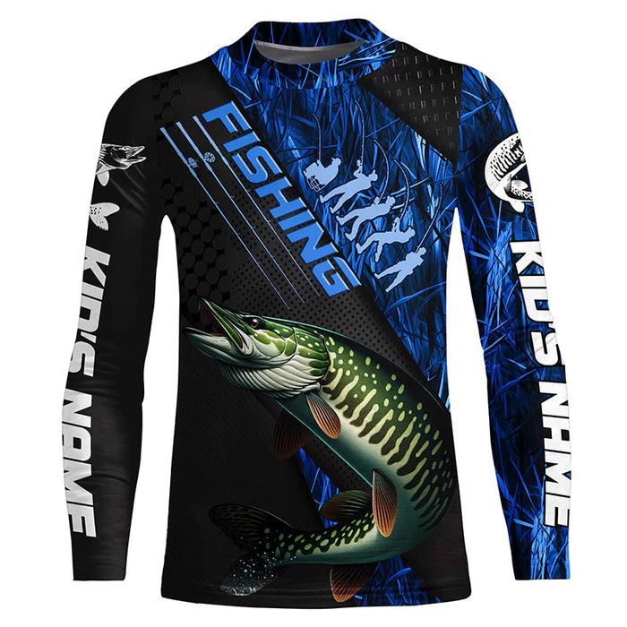 Custom Musky Fishing Kid Long Sleeve Tournament Shirts, Musky Fisherman Jerseys | Blue Camo IPHW6249