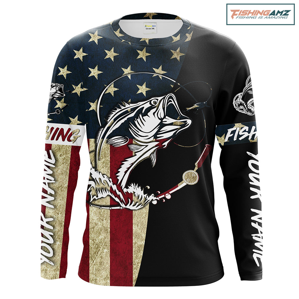 Personalized Bass Fishing American Flag Custom Long Sleeve Fishing Shirts, personalized Patriotic Fishing gifts - IPHW1193