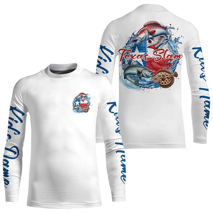 Custom Texas Slam Kid Long Sleeve Fishing Shirts, Texas Trio Redfish, Trout, Flounder Fishing Shirts IPHW7055