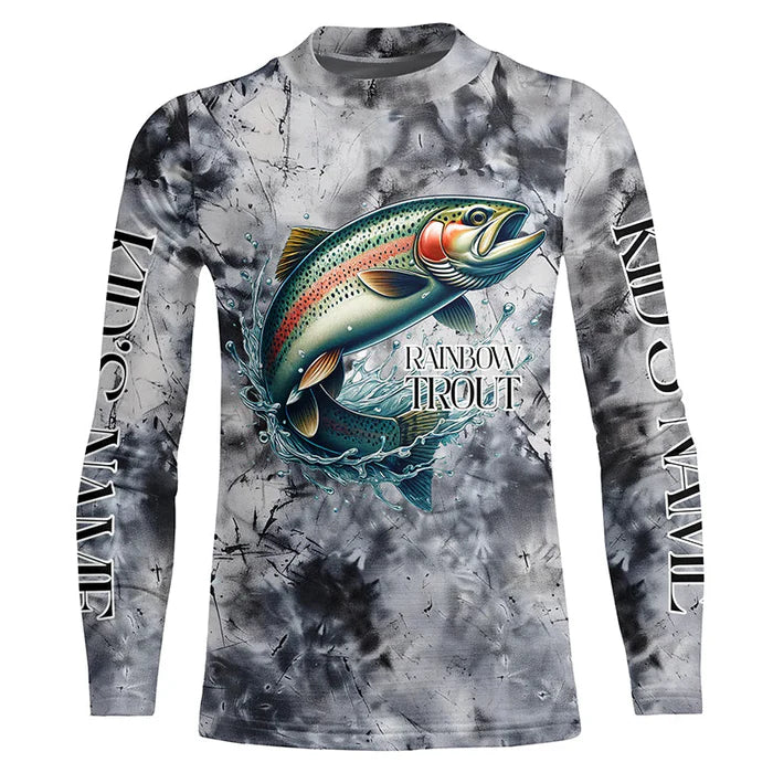 Gray Tie Dye Camo Custom Rainbow Trout Fly Fishing Shirts, Trout Kid Long Sleeve Fishing Shirt IPHW7057