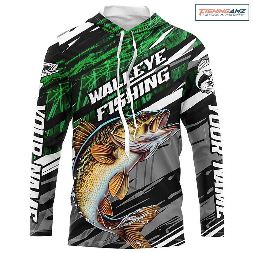 Walleye Fishing Camo Long Sleeve Fishing Shirts, Custom Walleye Tournament Fishing Jerseys | Green IPHW5956