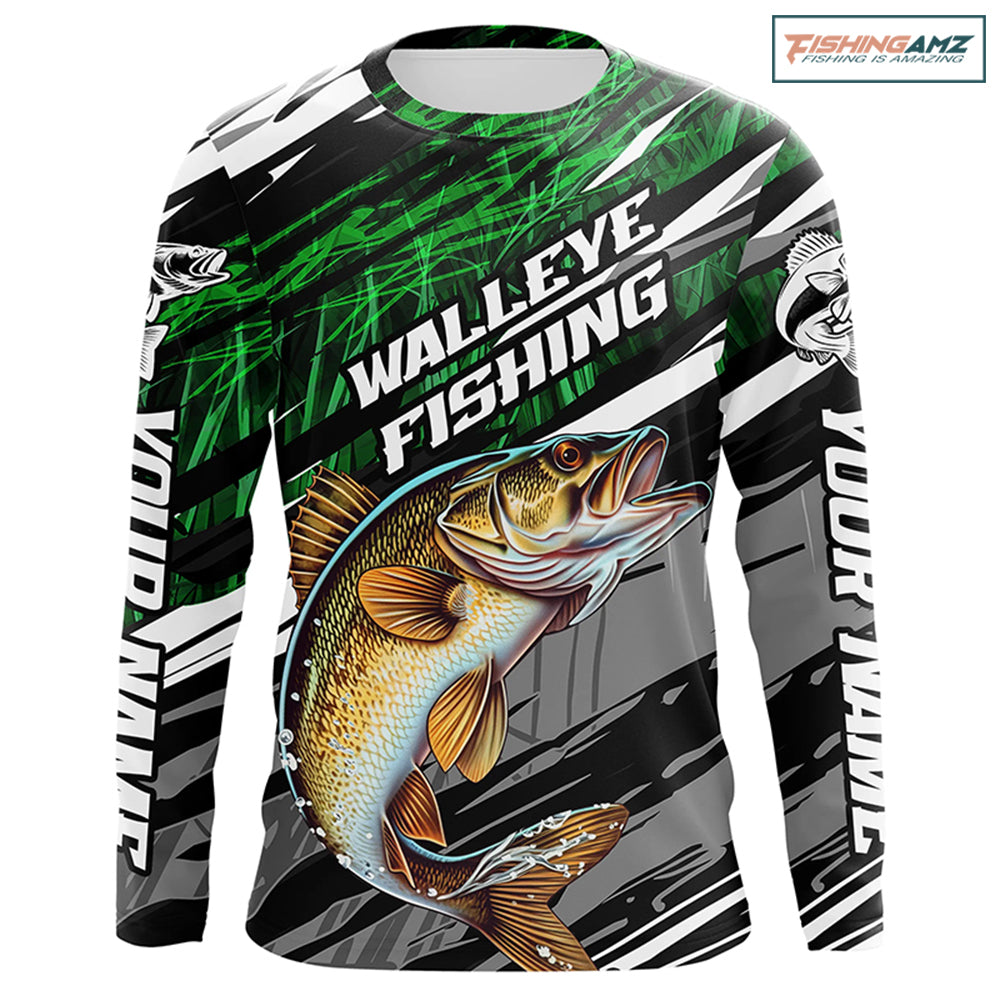 Walleye Fishing Camo Long Sleeve Fishing Shirts, Custom Walleye Tournament Fishing Jerseys | Green IPHW5956