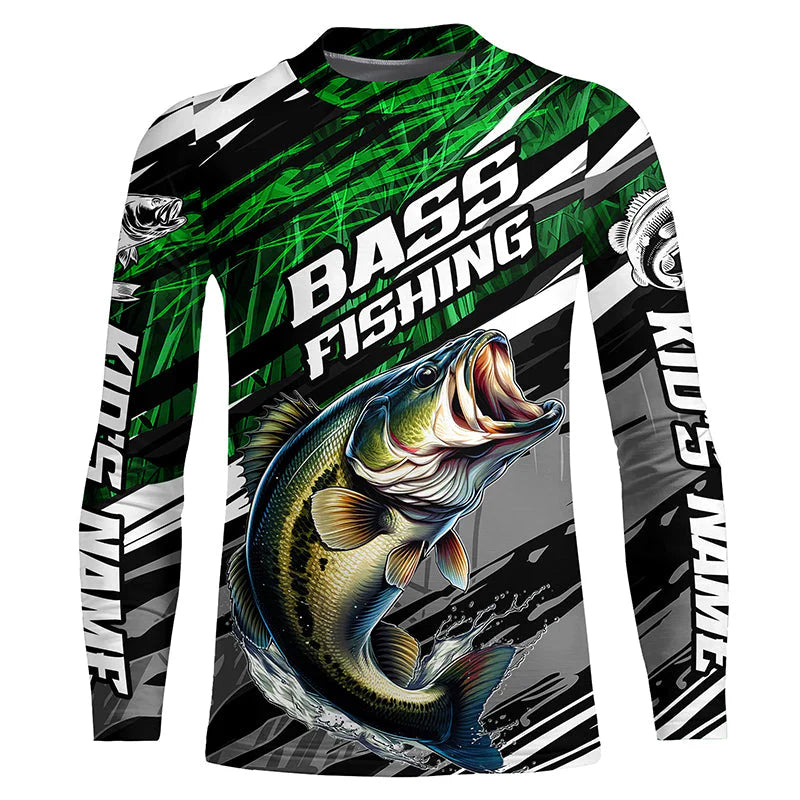 Bass Fishing Camo Kid Long Sleeve Fishing Shirts, Custom Bass Tournament Fishing Jerseys | Green IPHW5958