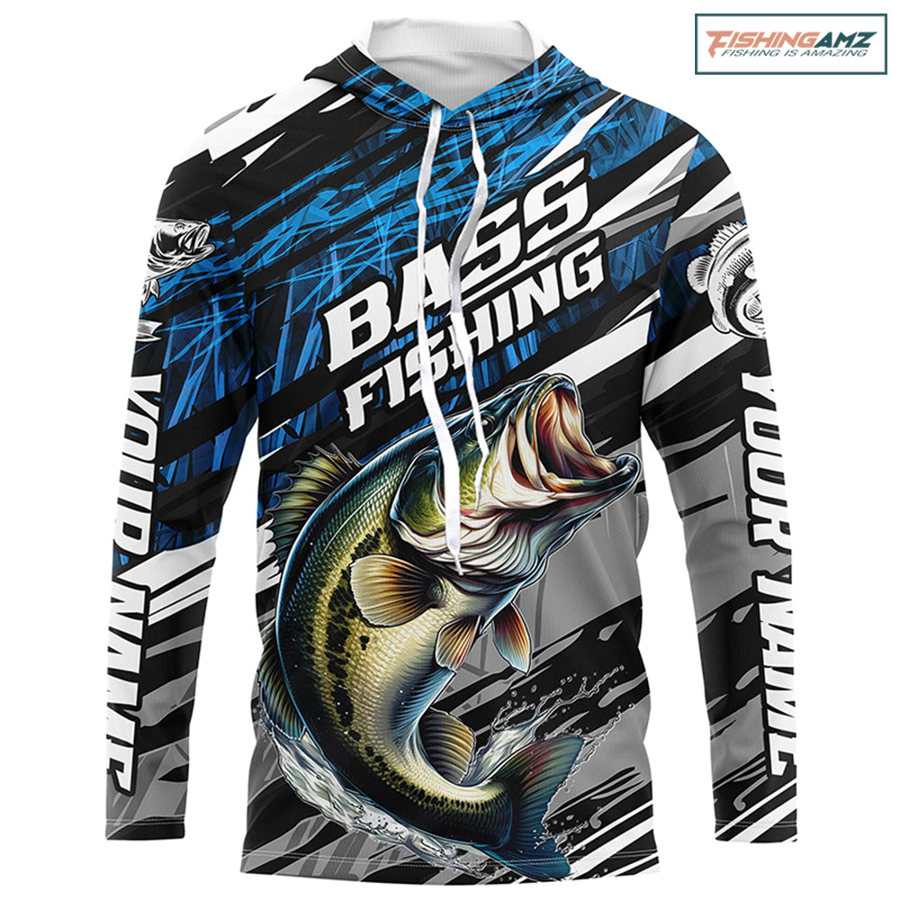 Bass Fishing Camo Long Sleeve Fishing Shirts, Custom Bass Tournament Fishing Jerseys | Blue IPHW5959