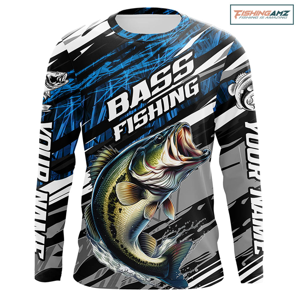 Bass Fishing Camo Long Sleeve Fishing Shirts, Custom Bass Tournament Fishing Jerseys | Blue IPHW5959