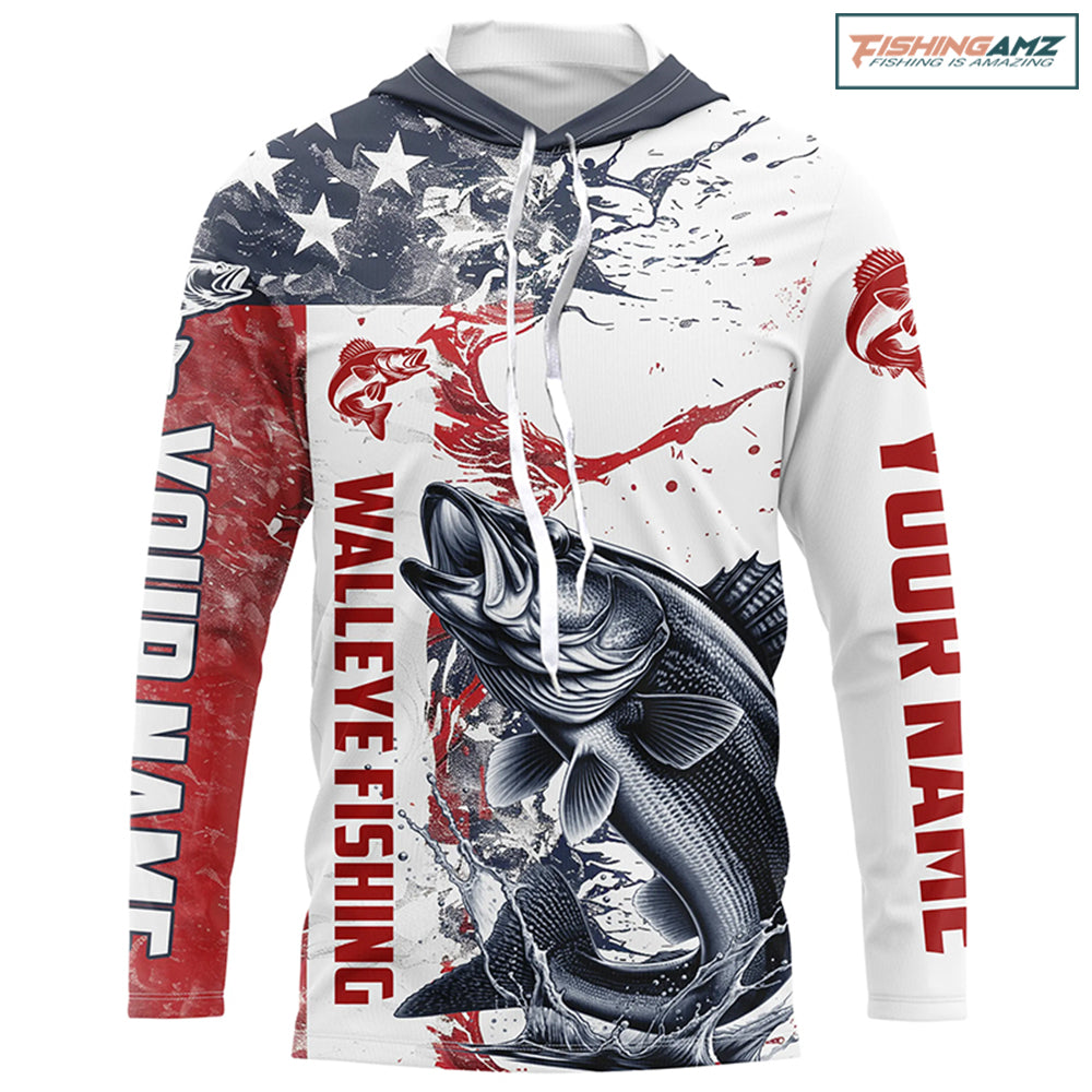 Personalized American Flag Walleye Fishing Shirts, Walleye Long Sleeve Tournament Fishing Jerseys IPHW6005
