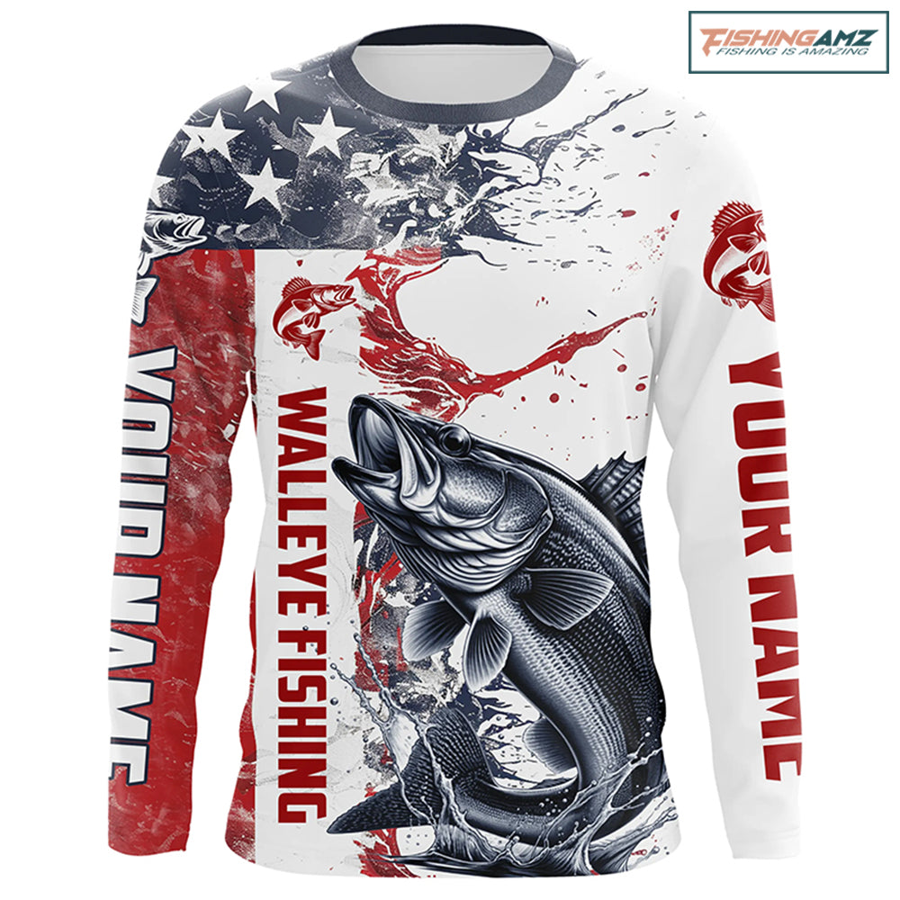 Personalized American Flag Walleye Fishing Shirts, Walleye Long Sleeve Tournament Fishing Jerseys IPHW6005