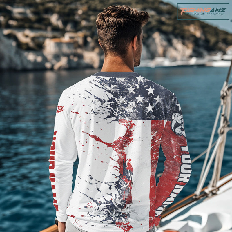 Personalized American Flag Walleye Fishing Shirts, Walleye Long Sleeve Tournament Fishing Jerseys IPHW6005