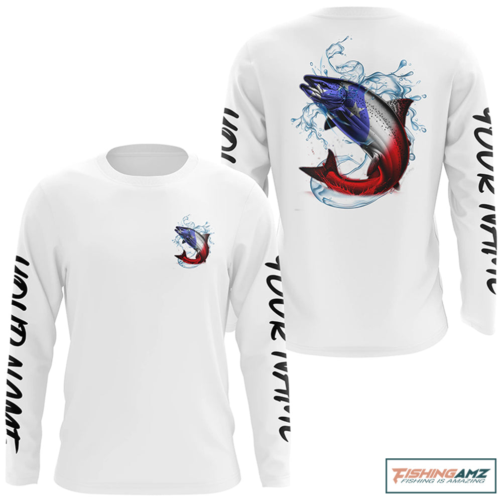 Personalized American Flag Chinook Salmon Fishing Shirts, Patriotic Salmon Long Sleeve Fishing Shirt IPHW6273