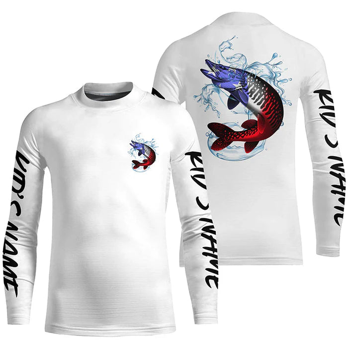 Personalized American Flag Musky Fishing Shirts, Patriotic Muskie Kid Long Sleeve Fishing Shirts IPHW6274