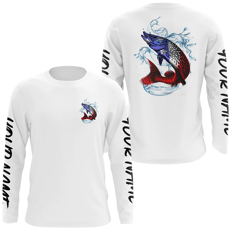 Personalized American Flag Northern Pike Fishing Shirts, Patriotic Pike Long Sleeve Fishing Shirts IPHW6275