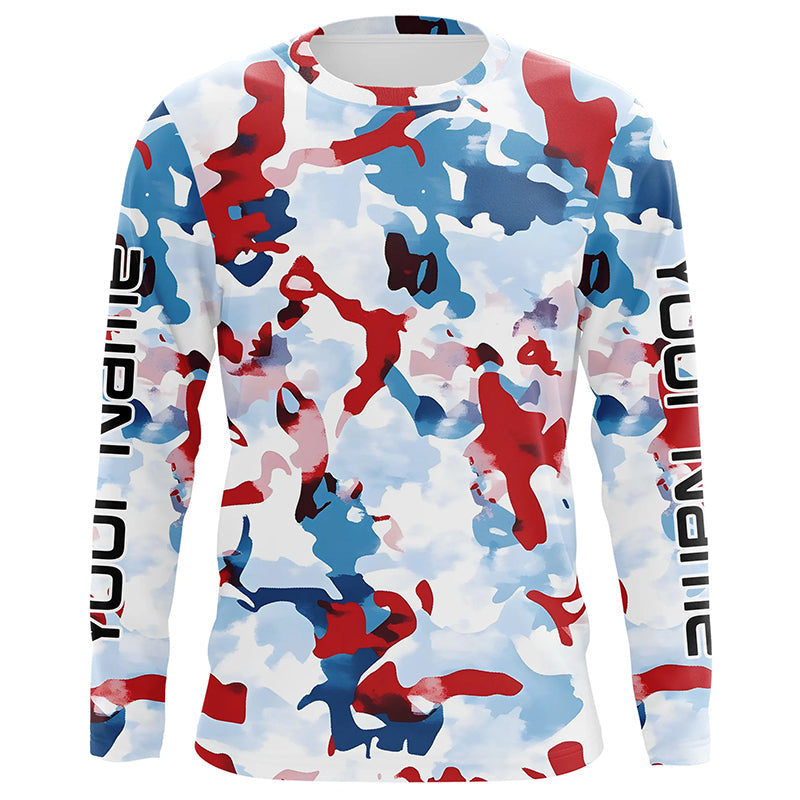 Red, White And Blue Camo Custom Patriotic Long Sleeve Fishing Shirts, Usa Fishing Jerseys IPHW7341