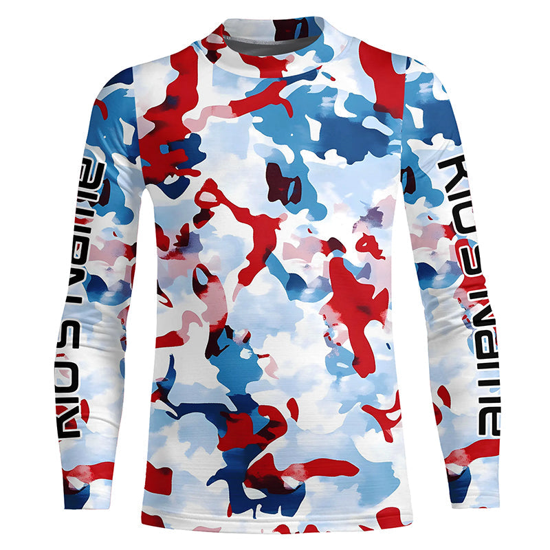 Red, White And Blue Camo Custom Patriotic Long Sleeve Fishing Shirts, Usa Fishing Jerseys IPHW7341