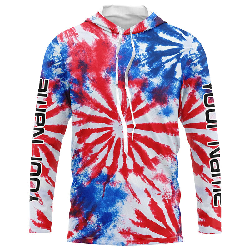 Red, White And Blue Tie Dye Custom Patriotic Long Sleeve Fishing Shirts, Performance Fishing Shirts IPHW7342