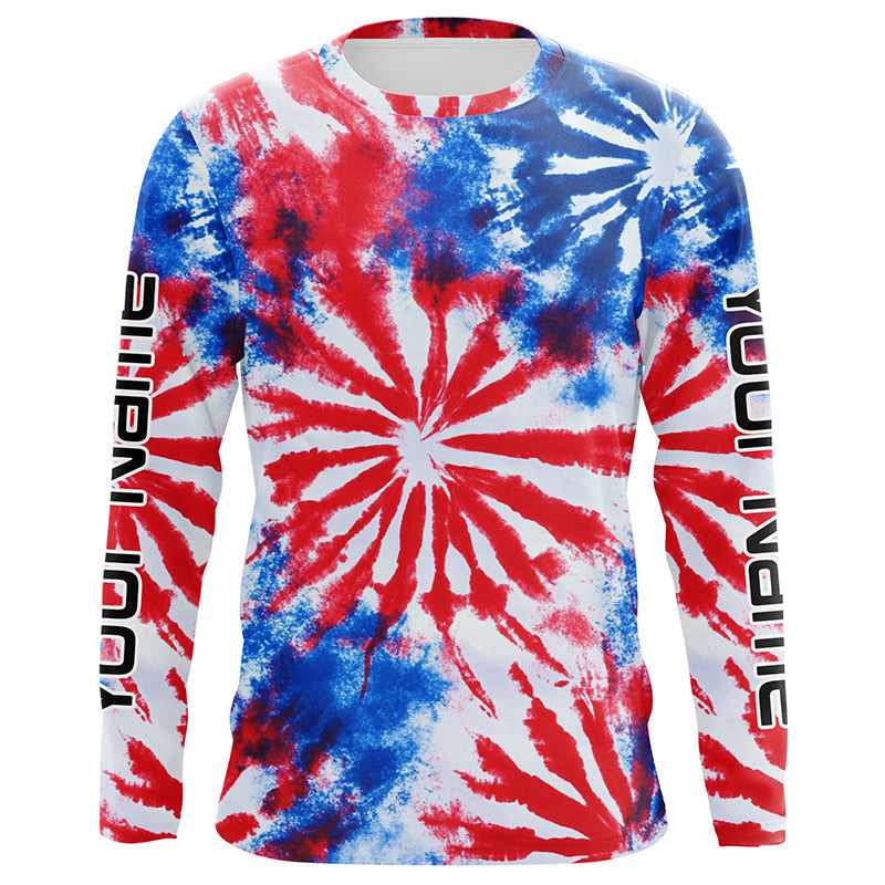 Red, White And Blue Tie Dye Custom Patriotic Long Sleeve Fishing Shirts, Performance Fishing Shirts IPHW7342