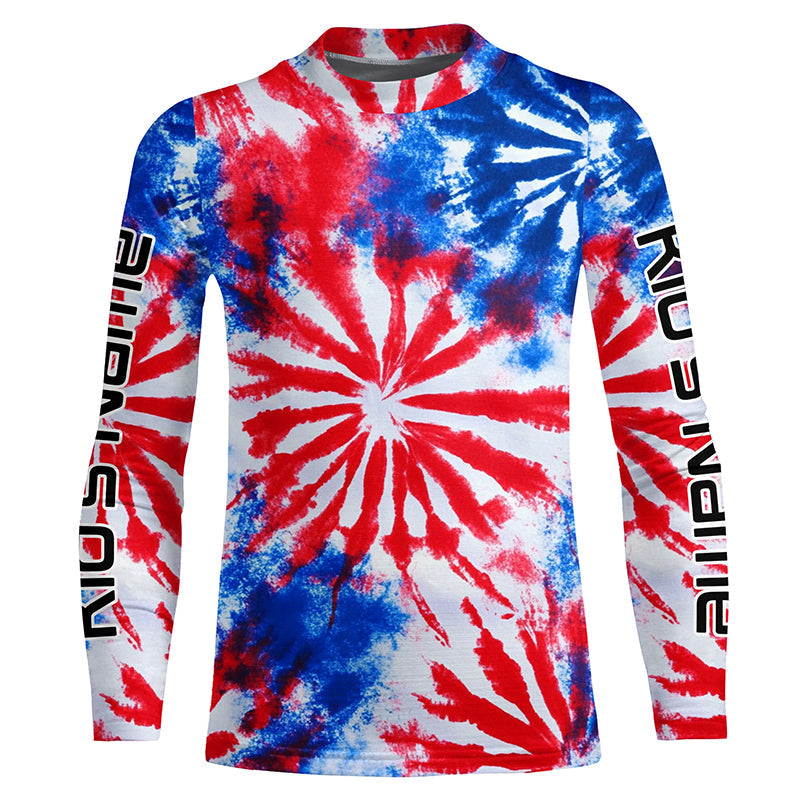 Red, White And Blue Tie Dye Custom Patriotic Long Sleeve Fishing Shirts, Performance Fishing Shirts IPHW7342