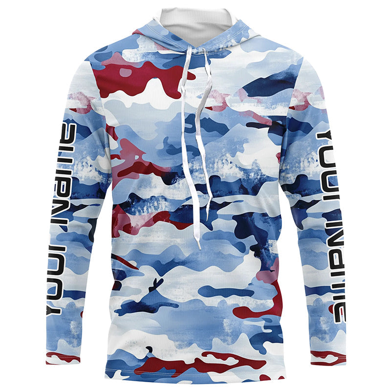 Red, White And Blue Camo Custom Patriotic Long Sleeve Fishing Shirts, Usa Fishing Jerseys IPHW7344