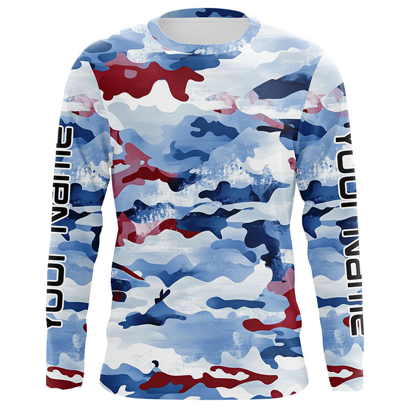 Red, White And Blue Camo Custom Patriotic Long Sleeve Fishing Shirts, Usa Fishing Jerseys IPHW7344